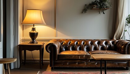 In the warm indoor space, a classical desk lamp illuminates the leather sofa and wooden table, creating a comfortable atmosphere.