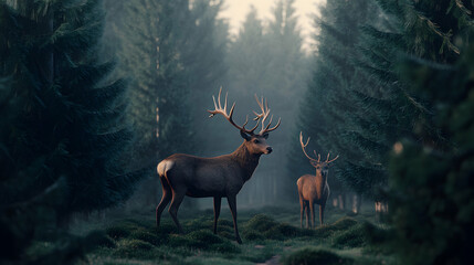 Sticker - Majestic stag with antlers stands in a misty forest clearing.