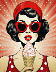 Wall Mural - Retro disco party girl eating an ice cream