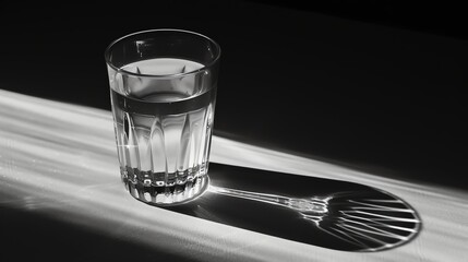 A glass of water on a table with a shadow from the light shining through a window.