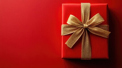 Festive red gift box with an elegant gold ribbon, set for Christmas or birthday occasions, with copy space for personalized messages