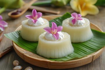 Poster - Sweet Thai dessert with coconut cream made with Mung Bean flour and water chestnuts served in a banana leaf case