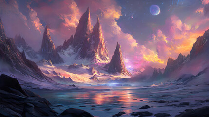 Wall Mural - A stunning, otherworldly landscape featuring snow-capped mountains, a serene lake, and a breathtaking starry sky.