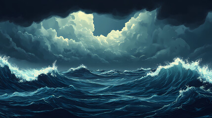 stormy roiling sea under a dark sky. waves in the ocean, large with ominous cloudy sky. generative a