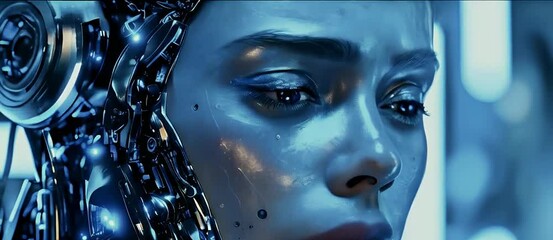 Close Up of a Futuristic Cyborg Woman's Face with Glowing Lights and Metallic Parts