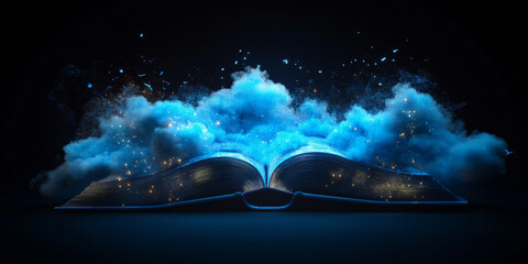 A glowing book with pages turning into floating clouds, transforming into a vibrant dreamlike world of imagination.