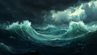 © Thiago - Stormy roiling sea under a dark sky. waves in the ocean, large with ominous cloudy sky. generative ai. Stormy Sea. Illustration
