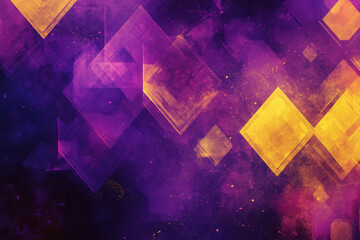 A vibrant purple and yellow geometric design with dynamic triangles and hexagons, forming an energetic, lively abstract composition.