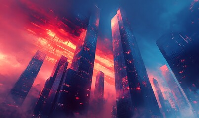 Sticker - Glowing Cityscape with Tall Skyscrapers Against a Red and Blue Sky