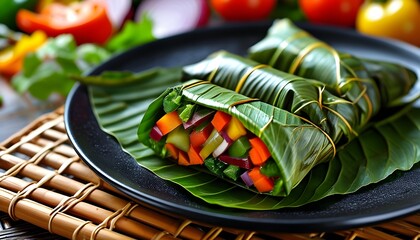 Vibrant traditional leaf-wrapped vegetable rolls on a black plate, highlighting fresh ingredients against a woven mat backdrop