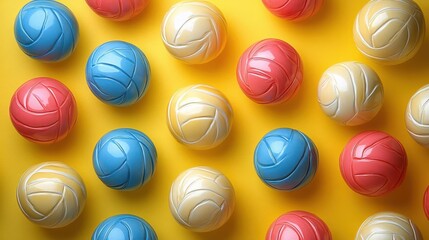 dynamic composition of colorful volleyballs arranged against a vivid lemon yellow background graphic and energetic sportsthemed image with bold contrasts