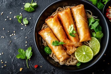 Canvas Print - Taiwanese food Spring rolls lime noodles in bowl on table