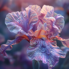 Wall Mural - Purple Iris Flower with Dew Drops - Realistic Illustration