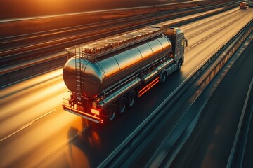 Tank truck transporting chemicals and food on the highway Oil and gas logistics with metal tanker