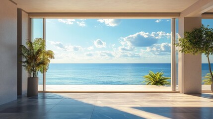 Luxurious empty villa room with large windows framing an ocean view, creating a serene setting with the soothing sounds of the sea in the background