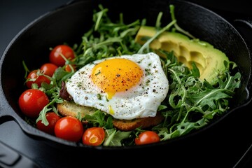 Wall Mural - Tasty breakfast with poached egg avocado arugula tomatoes and spices served in a skillet on black background