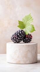 Blackberry displayed on an elegant podium, highlighting its deep purple-black color and dewy texture.