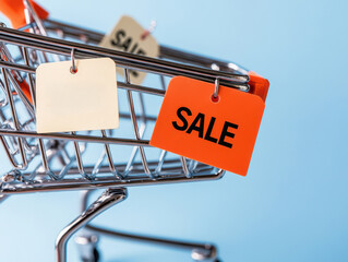 A shopping cart with colorful sale tags on a blue background, symbolizing discounts and seasonal offers in retail.