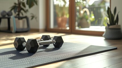 Canvas Print - A pair of black dumbbells lay on a blue yoga mat in a home gym.