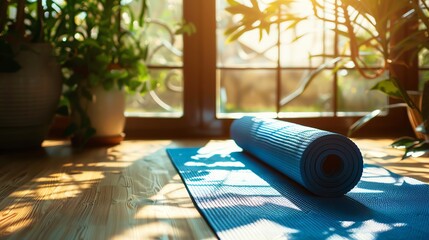 Sticker - A blue yoga mat is rolled up on a wooden floor in front of a window.