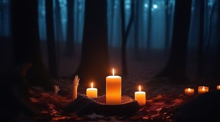 magical night forest enchanting candles mysterious fairy scene witchcraft ritual fall season natural background samhain halloween holiday concept space text