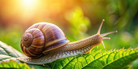 close-up of a small snail crawling on a plant leaf in a sunny garden , snail, shell, mollusk, macro,