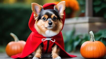 halloween costume dog pets web banner cute yorkshire terrier dog dressed little red riding hood sitting near pumpkins fanny halloween welsh corgi pembroke dog costume