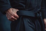 Unidentified Caucasian man in kimono holds BJJ black belt symbolizing skill and confidence in martial arts