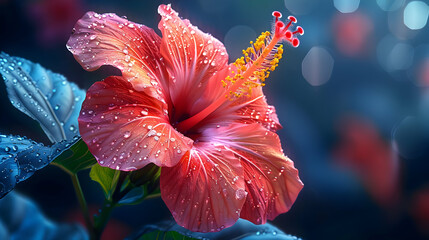 Wall Mural - Red Hibiscus Flower with Dew Drops - Close-Up Illustration