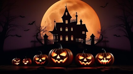 halloween scene horror background creepy pumpkins spooky halloween haunted mansion evil house night full moon