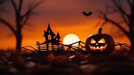 Wall Mural - halloween scene spooky house pumpkins spider web orange sky