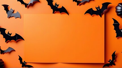 Wall Mural - happy halloween holiday concept halloween decorations bats ghosts orange background halloween party greeting card mockup copy space flat lay top view overhead