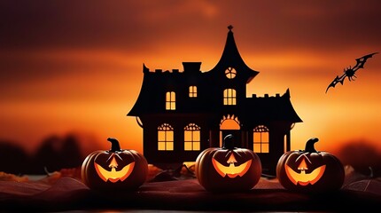 Wall Mural - orange sky halloween design spooky house pumpkins spider web