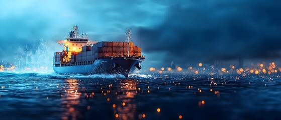 Wall Mural - visualization of maritime cargo shipping and global trade routes showcasing optimized transportation of goods and freight across the ocean  Depicting a container ship at night