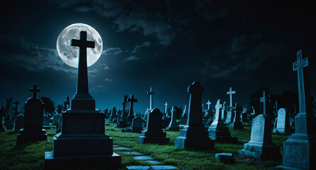 Dark night cemetery glowing moon abstract background