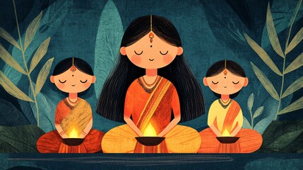 three women, one adult and two children, in traditional attire meditating with glowing lamps.