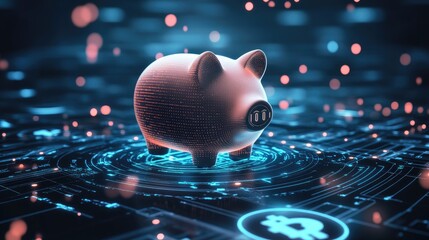 Piggy bank surrounded by digital code and blockchain symbols, representing investment in technology and innovation.