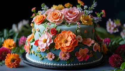 Wall Mural - Vibrant floral cake centerpiece adorned with a medley of blossoms against a contrasting dark backdrop