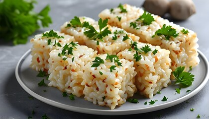 Rustic presentation of flavorful rice cakes adorned with fresh parsley, ideal for healthy snacking and vegetarian meals