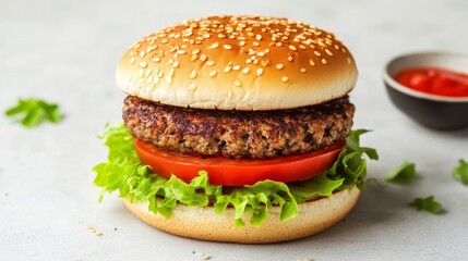 Delicious hamburger featuring sesame seed bun, fresh lettuce, ripe tomato, and a juicy meat patty, perfect for any meal.