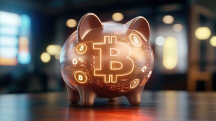 Wall Mural - Piggy bank with a digital display showing cryptocurrency icons, representing modern investment avenues.