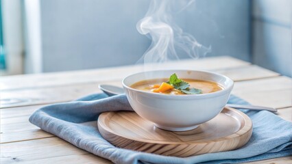 teaming Bowl of Healthy Soup on Wooden Board for Immune Support and Comfort