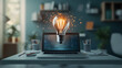 © UniqGraphicX - Floating light bulb on top of a laptop showing technology innovation and startup concept. Business idea and innovation concept