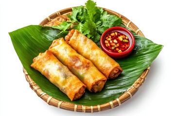 Sticker - Vietnamese spring rolls with duck vegetables and sauces on banana leaf