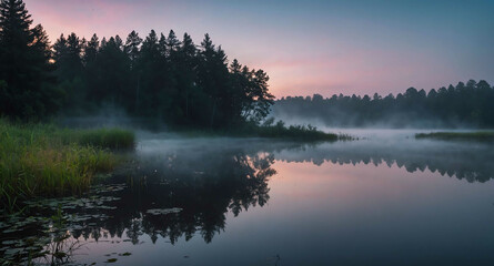 Canvas Print - Fog rising from eerie pond at dusk background