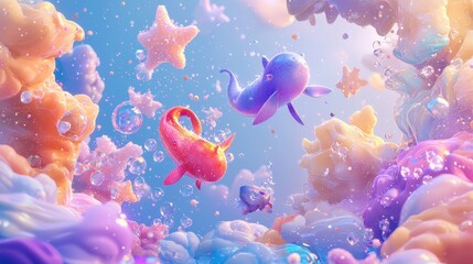 A vibrant 3D illustration of galactic sea creatures swimming through stars, pastel isolated background, 100%