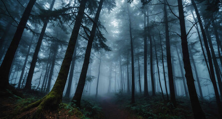  Foggy forest eerie silence abstract background