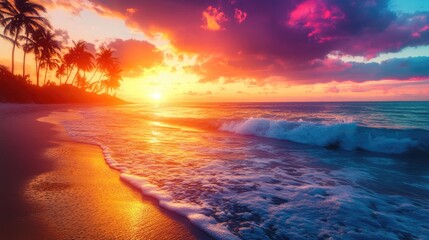 Breathtaking sunset over a tropical beach, featuring palm trees, ocean waves, and a vibrant, colorful sky, perfect for travel and vacation