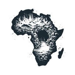 Sticker - The africa black map with cave man inside. Black white vector logo illustration.
