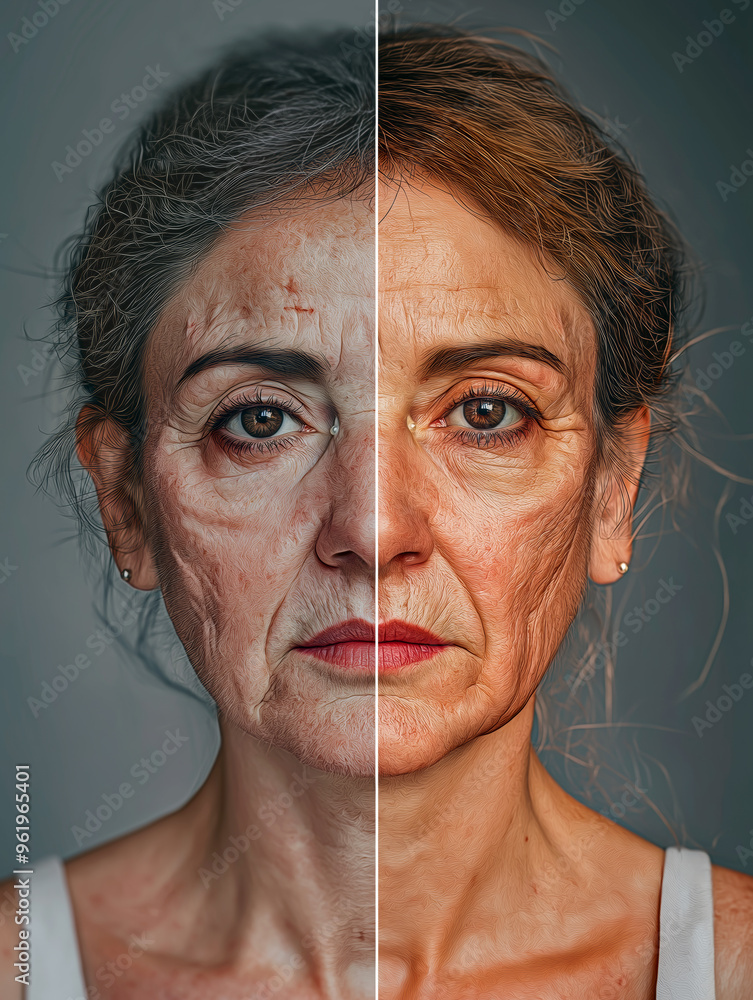 Close-up of an older woman's face split into two parts with different ...